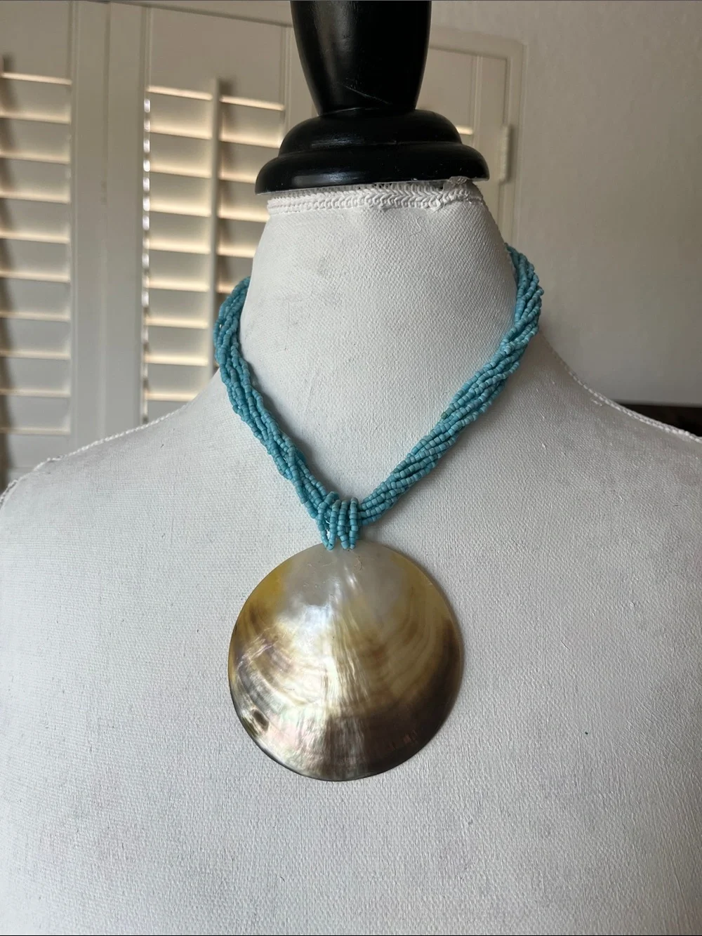 Vintage Capiz Shell Necklace | Multi-Strand Blue Beads | Coastal Boho Chic